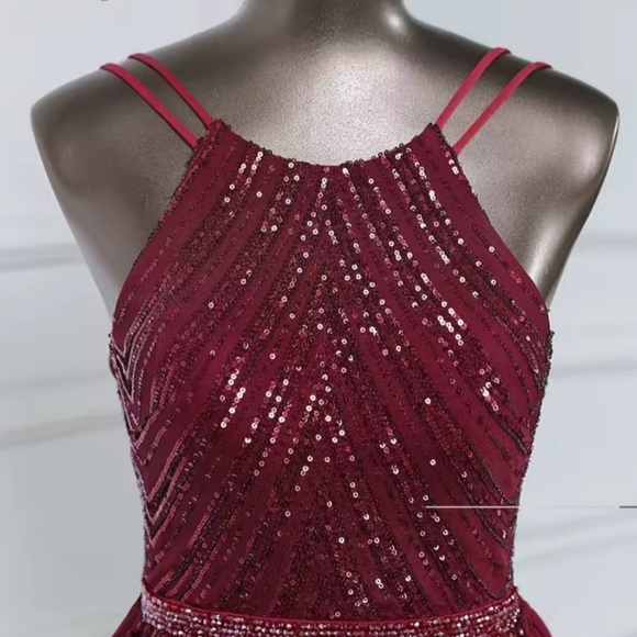 Burgundy,  O Neck, Sleeveless,  Detachable Skirt,  Sequined Mermaid Gown - Picture 15 of 16